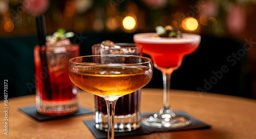 Colorful assortment of cocktails elegantly arranged on a wooden table, showcasing various glassware styles and garnishes, creating a vibrant and inviting atmosphere for social gatherings