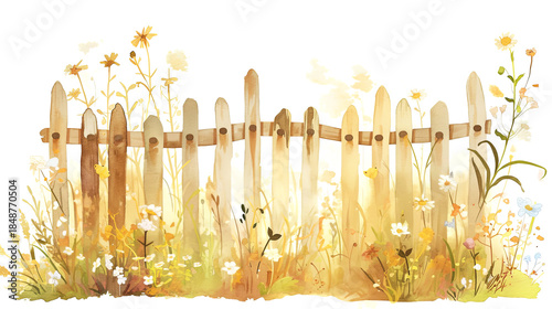 Watercolor illustration of a rustic wooden fence surrounded by vibrant wildflowers, creating a serene garden atmosphere with a touch of nature's beauty and tranquility