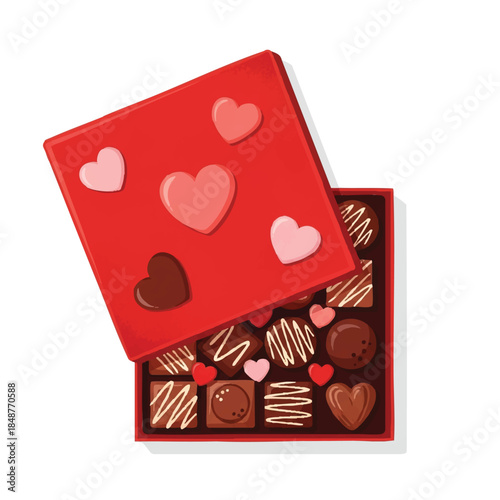 Open red heart-shaped box of assorted chocolates on a white background with various chocolate candies and drizzled toppings.