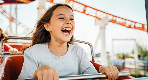 Young girl with long hair, joyfully laughing on a roller coaster ride, gripping the safety bar tightly, surrounded by vibrant amusement park scenery and thrilling atmosphere