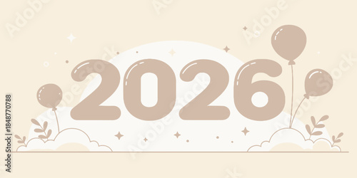 Celebrating the year 2026 with festive balloons and clouds