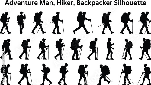Adventure man hiker backpacker silhouettes set trekking walking outdoor travel camping exploration vector illustration isolated on white background