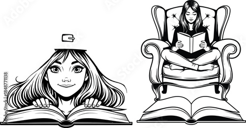 Girl Reading Book Concept Illustration, Black and White Line Art