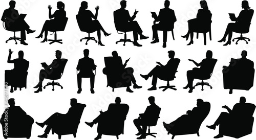 Business people sitting silhouettes set office interview discussion meeting seated men and women vector illustration isolated on white background