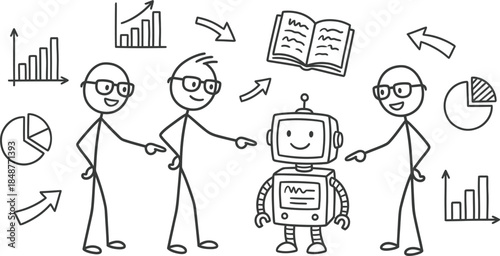 Stickfigure team collaborating with robot for data analysis