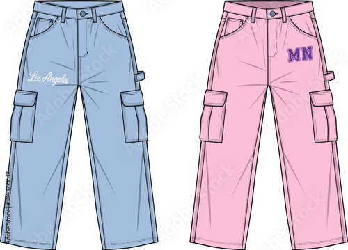 Cargo pants flat illustration, modern streetwear trousers design, technical fashion artwork, utility pants vector, apparel mockup, casual clothing concept, graphic design template