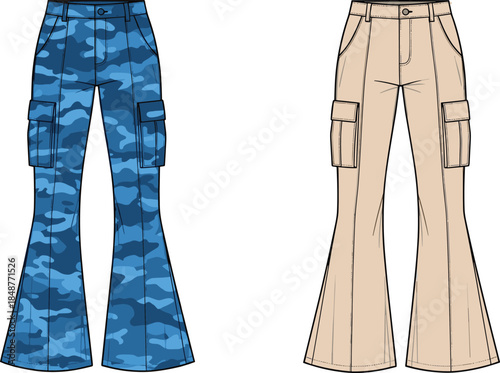 Cargo pants technical fashion illustration, bell bottom trousers, camouflage and solid color design, vector apparel template with pockets, streetwear style, modern clothing concept isolated