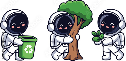 Cute eco astronaut cartoon set recycling waste planting trees green sustainability character vector illustration isolated on white background