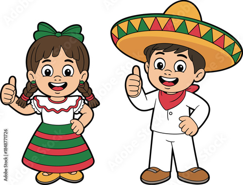 Cute Mexican boy and girl cartoon illustration wearing traditional costumes giving thumbs up festive cultural kids vector design
