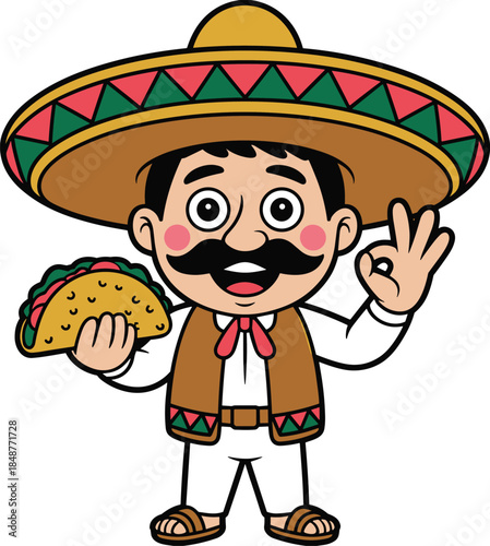Cute Mexican man cartoon character wearing sombrero holding taco traditional food illustration vector isolated on white background