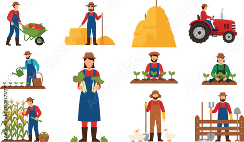 Colorful flat vector illustration set of farmers gardening planting harvesting agriculture activities, rural farming lifestyle, organic food production, tractor, livestock, 