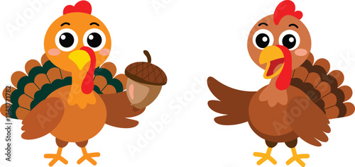 Cute Thanksgiving turkey cartoon characters illustration with acorn autumn harvest theme festive holiday vector design