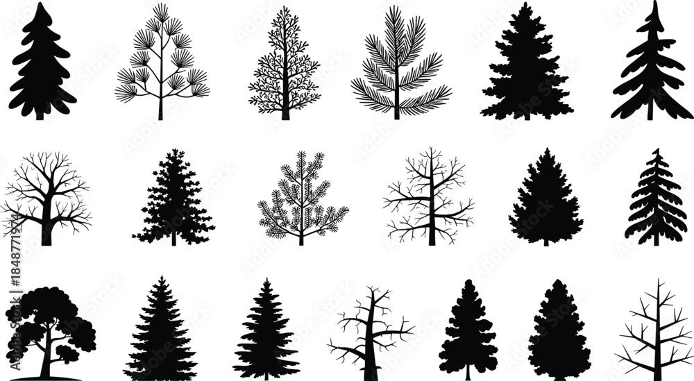 Obraz premium Forest tree silhouettes collection with pine fir and deciduous trees black vector illustration set isolated on white background