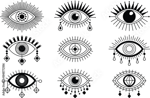 Mystical eye symbols collection sacred occult vision icons boho tattoo style black and white vector illustration isolated