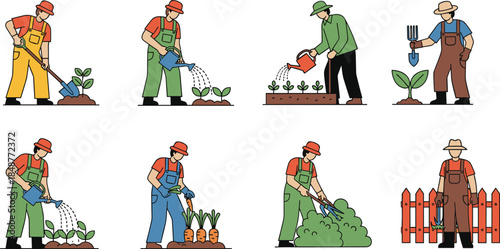 Gardening illustration set, farmers planting watering harvesting vegetables, flat vector garden work scenes, agriculture lifestyle, eco farming concept organic food sustainable nature outdoor activity