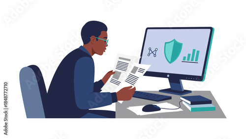 Professional Man Analyzing Business Document with Cybersecurity Data on Computer
