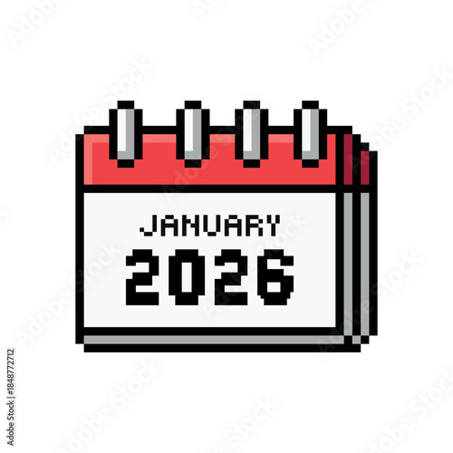 Pixel art calendar icon featuring January 2026 in 8-bit retro style, schedule, calendar, reminder, game UI asset, mobile app, website and digital planner.