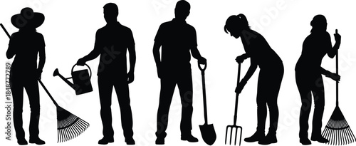 Gardening workers silhouette set, people using shovel rake fork watering can, agriculture labor teamwork, outdoor yard maintenance, black shadow illustration, isolated on white