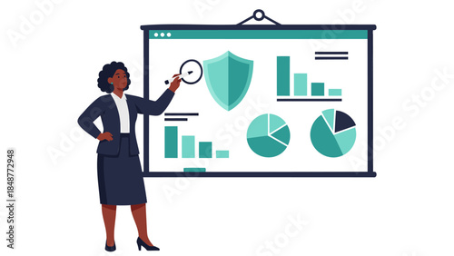 African American Businesswoman Presenting Cybersecurity and Financial Data Analysis