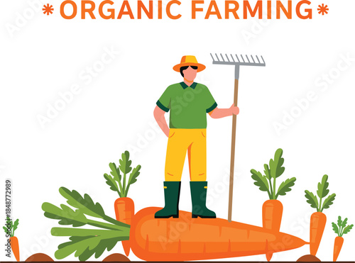 Organic farming illustration, farmer standing on giant carrot with rake, sustainable agriculture concept, healthy vegetables, eco friendly lifestyle, rural harvest design, flat vector art