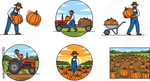 Pumpkin harvest farming illustration set, farmer collecting pumpkins, rural agriculture scenes, autumn crop production, tractor field work, organic farm life vector design