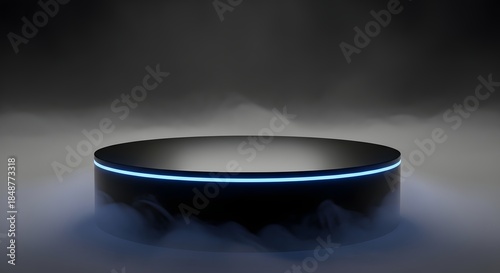 a sleek black cylindrical pedestal illuminated with a vibrant blue neon glow sits amidst swirling white smoke and dark shadows