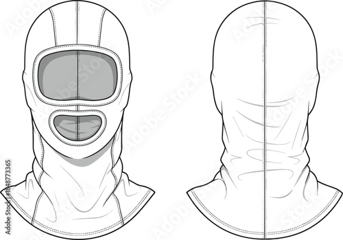 Technical line art illustration of balaclava ski mask front and back view, protective winter headwear design outline for sports, tactical use, vector drawing template