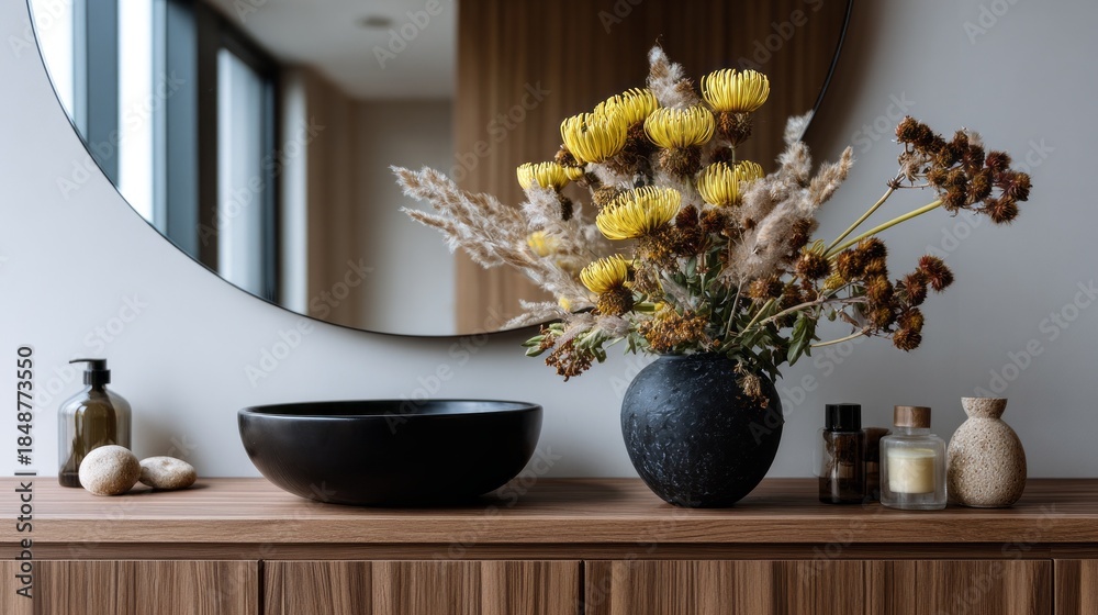 custom made wallpaper toronto digitalBright yellow flowers bloom gracefully in a chic black vase on a wooden table. A serene arrangement enhances the cozy atmosphere in a contemporary room filled with natural light
