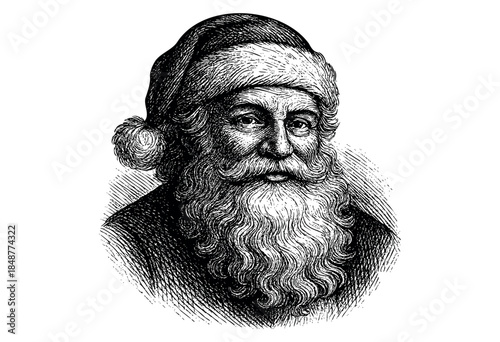 Classic black and white engraving of Santa Claus's face, featuring his iconic hat, beard, and jolly expression, perfect for holiday designs.