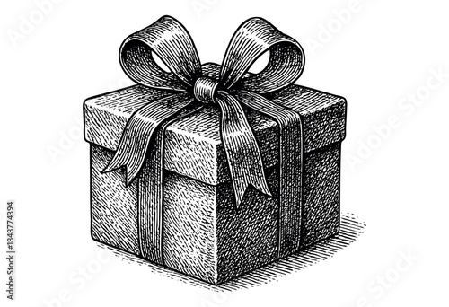 A classic, hand-drawn illustration of a gift box tied with a ribbon and bow, rendered in black and white hatching style against a clean white background.