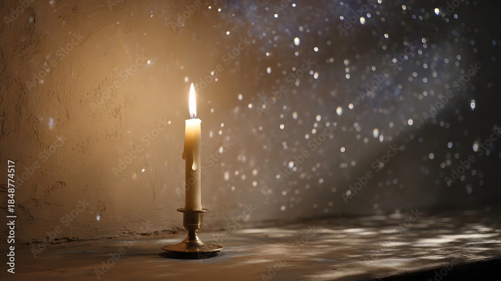 Fototapeta premium A lit candle in a brass candlestick casts a warm glow with melting wax and sparkling light effects against a dark textured background