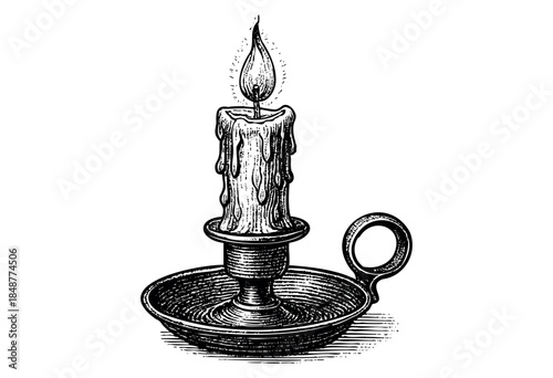 This vintage engraving depicts a lit candle in a detailed candlestick, with wax drips and a flickering flame, evoking a sense of history and warmth.