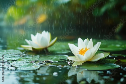 A serene pond with two white water lilies gently floating on the surface, surrounded by lush greenery and a backdrop of towering trees under a cloudy sky.