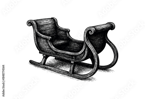 A black and white woodcut illustration of an antique sleigh on a white background, evoking a classic and festive holiday feel suitable for Christmas themes.