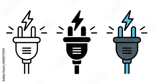 Electric Plug Icons with Lightning Bolts, Shock and Power Symbols in Black, White, and Gray