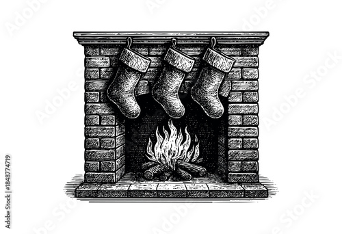 Three empty Christmas stockings hang from a mantle above a roaring fire in a brick fireplace, evoking a sense of anticipation and holiday spirit.