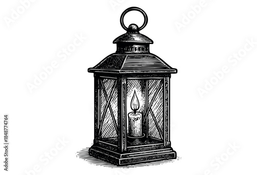 A classic black and white illustration of an old lantern with a lit candle inside, rendered in a vintage woodcut style, evoking warmth and nostalgia.