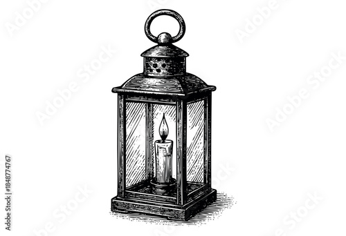 This black and white illustration features an antique lantern with a lit candle inside, creating a warm and inviting glow.