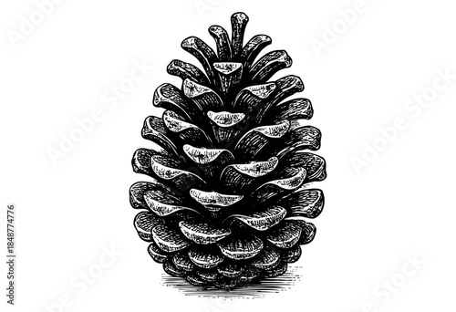 A detailed black and white sketch of a pinecone, rendered in a classic engraving style, isolated on a white background, perfect for natural science or decorative uses.