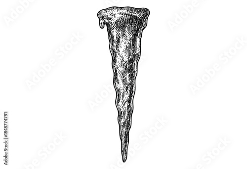 A detailed black and white sketch of a single icicle in the process of melting, with a drip forming at the tip and visible texture lines creating a sense of cold and winter.