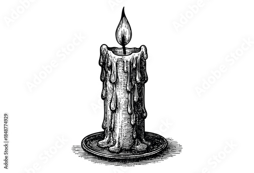 An antique illustration depicts a tall, melting candle on a saucer, with a flickering flame and dripped wax creating a vintage, textured effect suitable for historical themes.