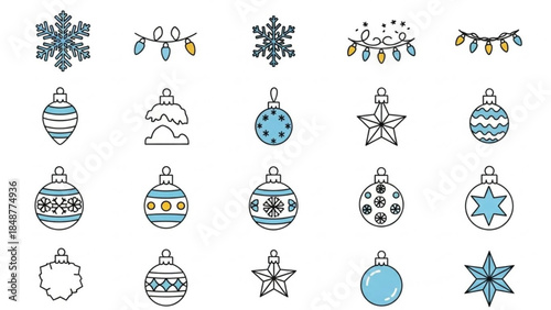 Collection of blue and white christmas ornaments, snowflakes, and string lights on white background, festive holiday decorations