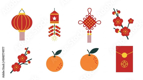 Chinese new year decorations and symbols including lanterns, flowers, oranges, and red envelopes on white background for festive celebrations