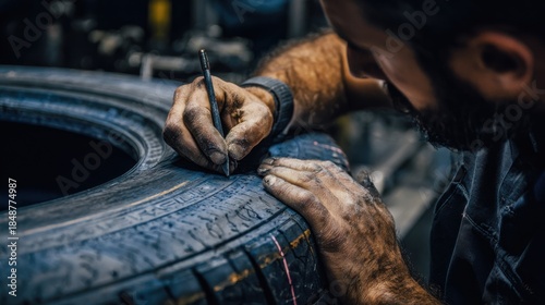 Wallpaper Mural Medium shot of a worker applying embossed branding on a tire sidewall highlighting texture and precision in retread identification. Torontodigital.ca