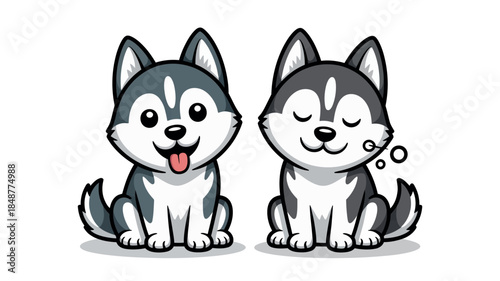 Two Cute Cartoon Husky Dogs Sitting Together Smiling and Dreaming on White Background