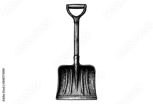 A detailed black and white line drawing of a vintage shovel with a D-shaped handle stands on a white background, evoking a retro or antique feel.