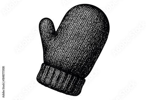 A textured, black knit mitten is depicted against a stark white background, showcasing its knitted fabric and cuff detail with a scratchy, illustrative style.
