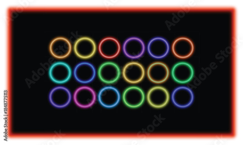 Colorful neon glowing circles on black background with red border frame