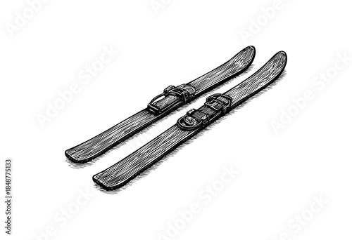 A detailed black and white illustration of a pair of vintage skis with leather bindings, rendered in a woodcut style on a white background.