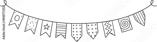 Hand drawn doodle garland with party flag. Birthday festive decoration concept. Outline flat style vector illustration